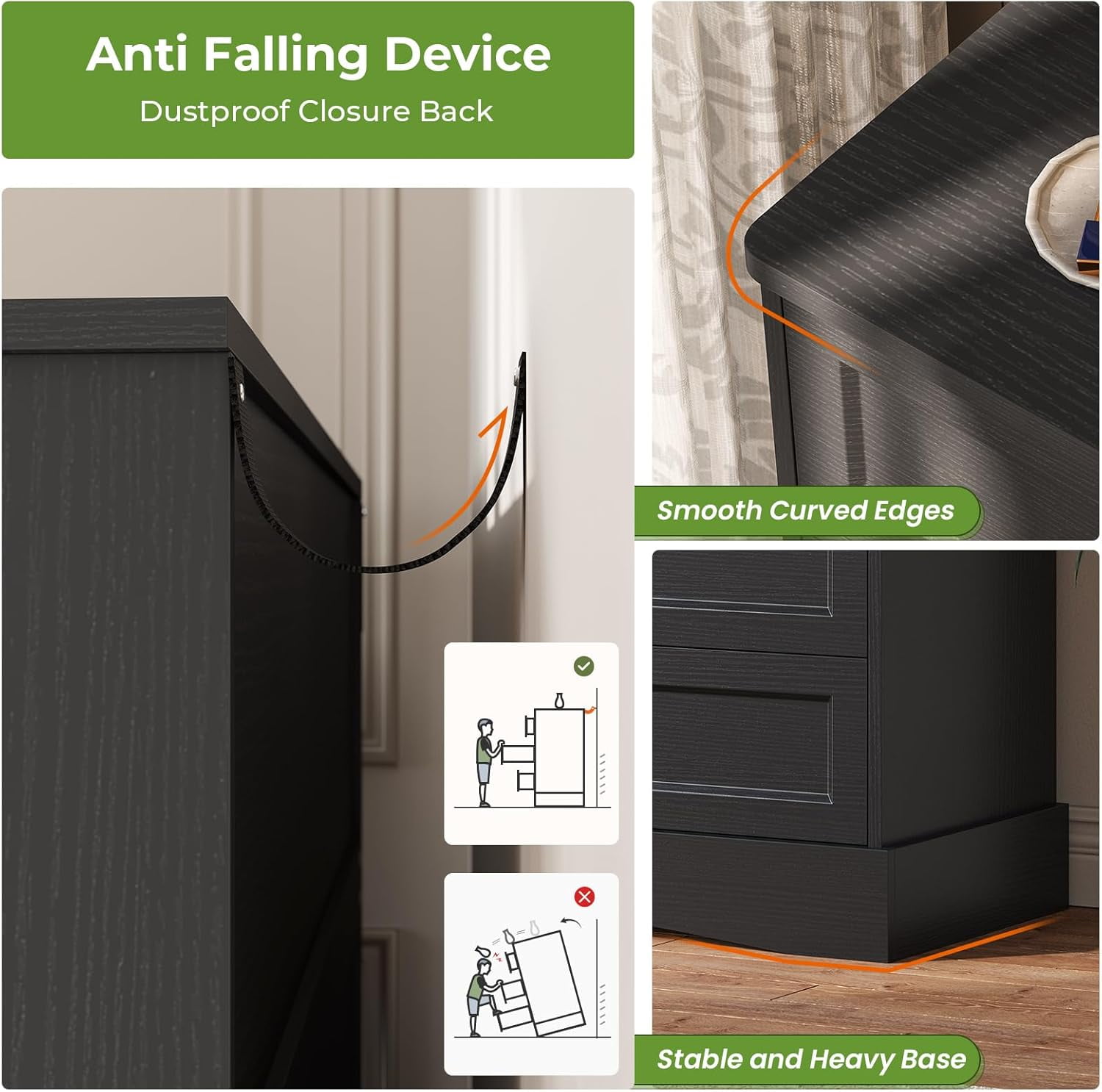Aunfebrco Black Dresser for Bedroom Farmhouse Chest of Drawers with Charging Station, Modern 9 Drawers Dresser Storage Tower Organizer for Living Room Closet