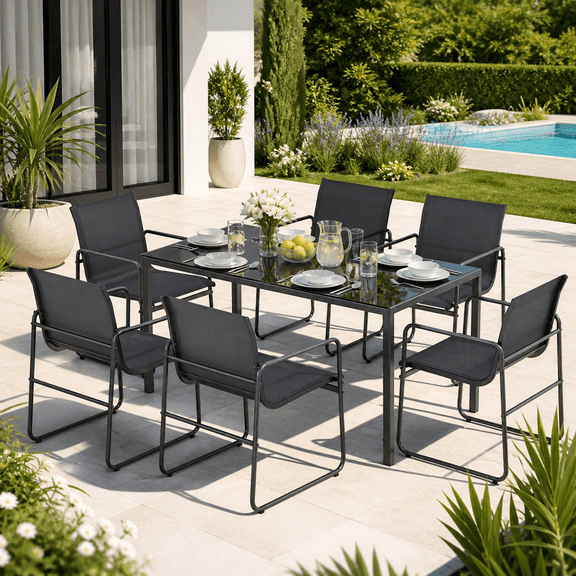 Vitarpatio 7 Piece Outdoor Patio Dining Set with 6 Textilene Chairs and Rectangular Glass Table, Modern Outdoor Furniture Set Patio Table and Chairs Set Balcony Furniture for 6 Persons, Black