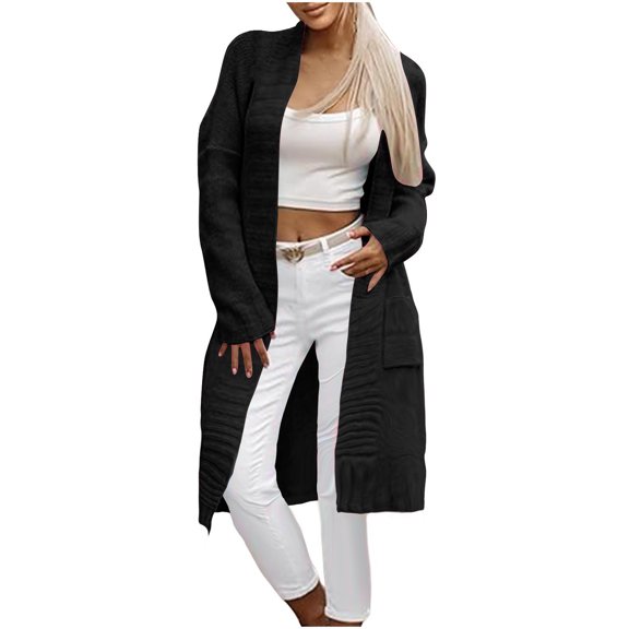 Womens Long Sleeve Cardigan with Pockets Long Length Open Front Sweater Casual Solid Color Loose Knit Coats (Black 3XL)
