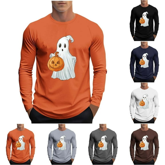 YOIAVAIOY Men's Halloween T shirts Spooky Season Ghost Print Shirts Long Sleeve Teen Boys Tee Shirt Fall Tops Festival Casual Tees Coffee M