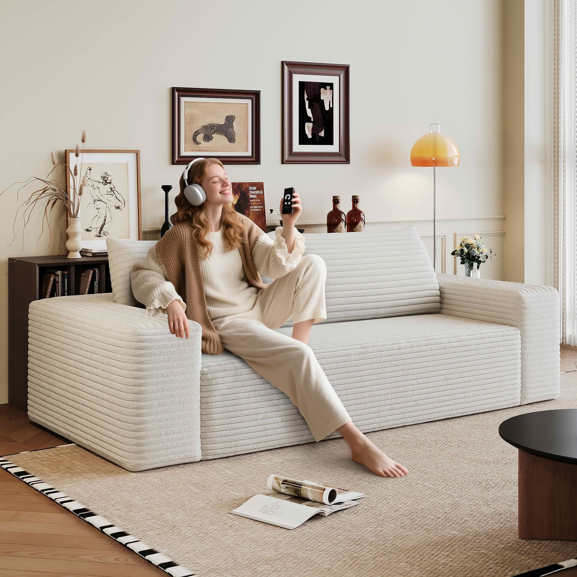 MAYEERTY 63" 2-Seater Corduroy Sofa, Deep Seat Comfy Loveseat, No Assembly, for Living Room Bedroom Conference Room, White