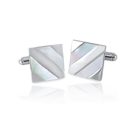 - Stainless Steel Diagonal Mother of Pearl Stripe Inlay Cufflinks