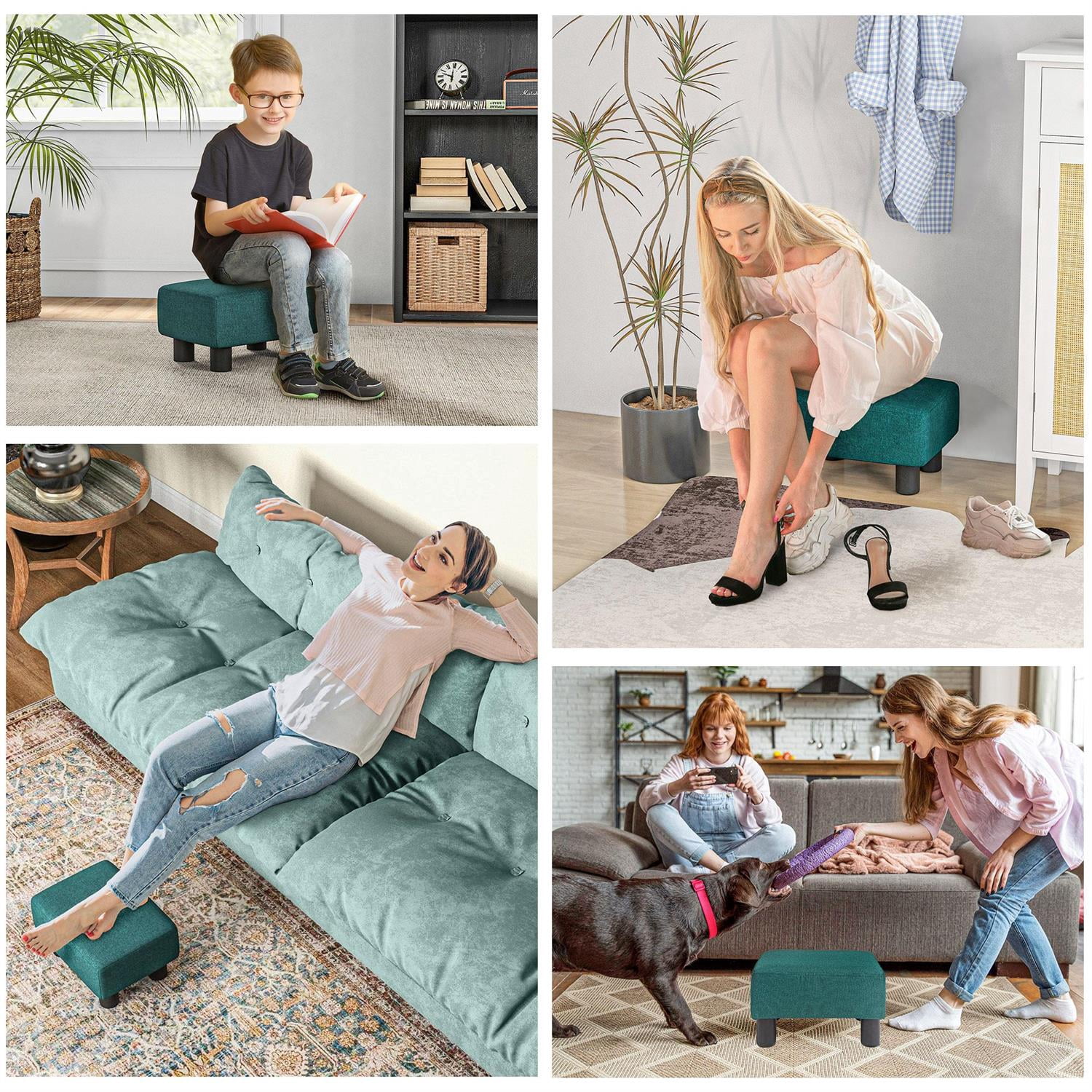 Demi Bonn 15" Small Ottoman Foot Rest, Foot Stool with Linen Fabric Upholstery and Plastic Legs, Cube Ottoman for Living Room, Bedroom, Green