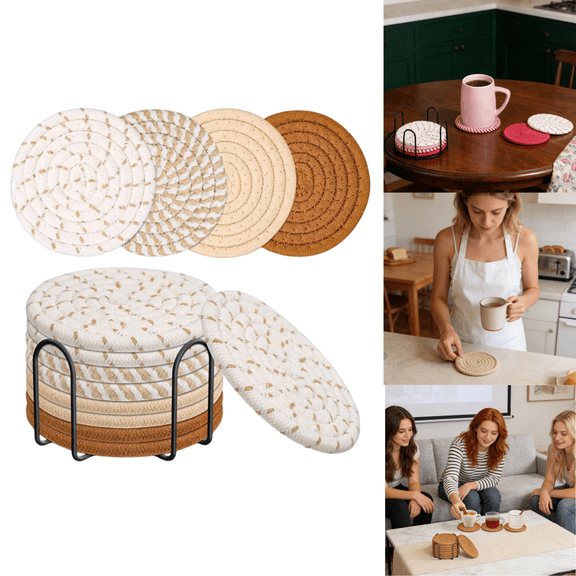 8 Pcs Drink Coasters with Holder, Cotton Woven Absorbent Coasters for Drinks, Minimalist Home Decor Coaster Set for Wooden Tabletop Protection Table. Coffee