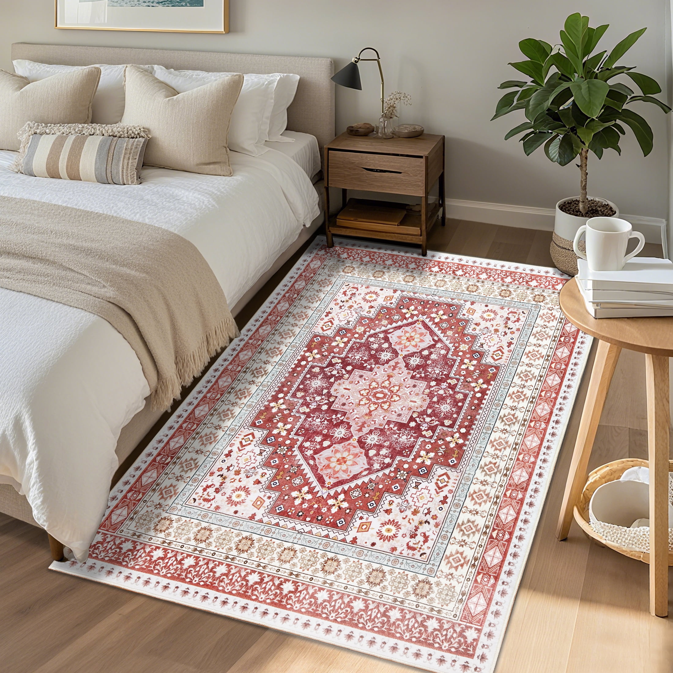 ARJINCUTE Vintage Distressed Bohemian Red Area Rug 3' x 5' Non-Slip Washable Low Pile for Living Room Bedroom Entryway Laundry Room