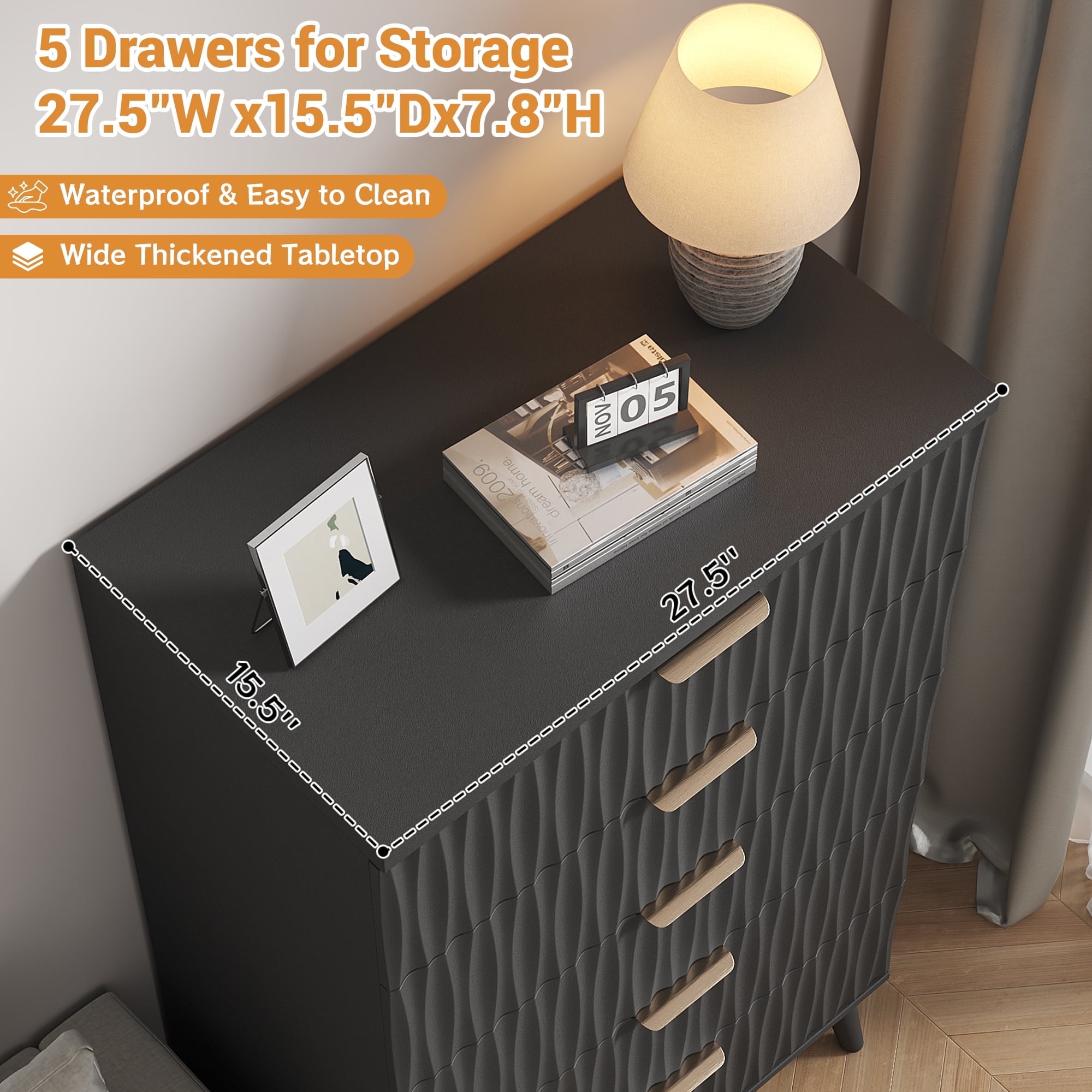 47"H Fluted 5 Drawer Dresser for Bedroom, Modern Chest of Drawers with Metal Handle, Wooden Storage Organizer for Living Room, Hallway, Black