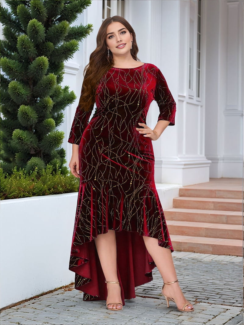 Plus Size Dresses for Women 3/4 Sleeves Mermaid High Low Hem Maxi Velvet  Formal Dress Red 4XL - Walmart.com