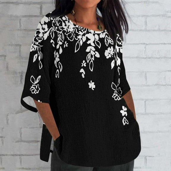 ALLLIST Black Women's Tops Crew Neck Casual Printed Elbow-Length Floral T-Shirts Spring Blouses XXXL