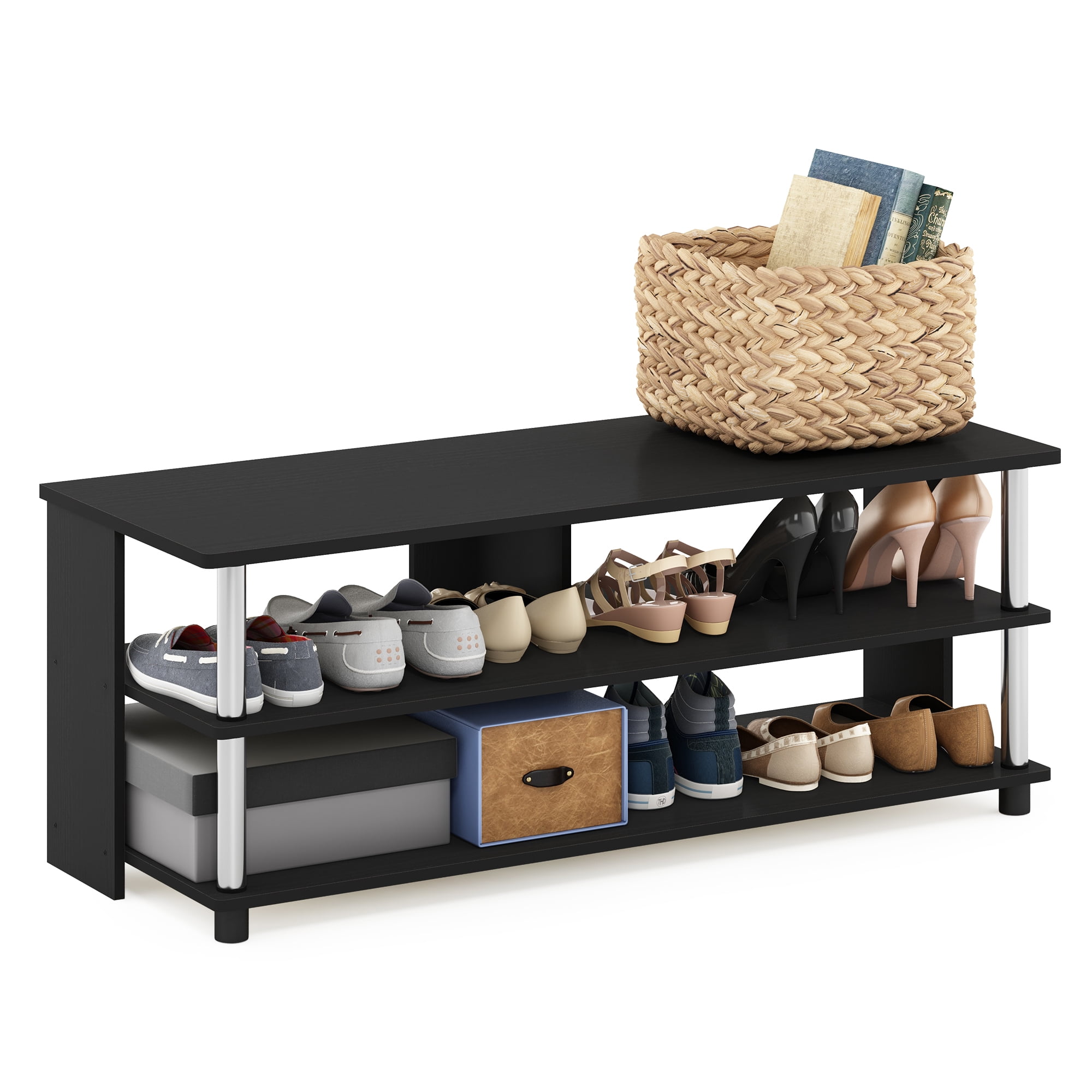 Furinno Turn-N-Tube 3-Tier Compact Open Storage Shoe Rack for Closet Entryway, Americano/Stainless Steel Tubes