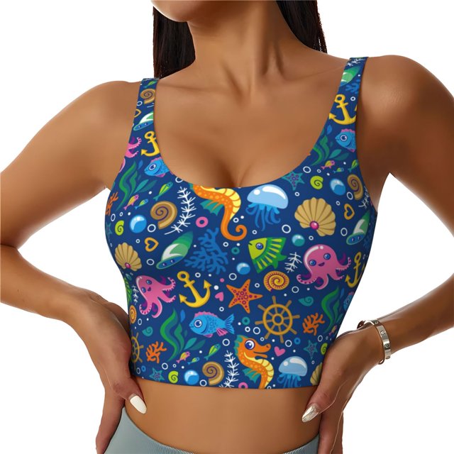 Balery Sea Fish Sujetadores deportivos con espalda cruzada para mujer, acolchados, sin costuras, de alto impacto, ideales para yoga, gimnasio, entrenamiento y fitness.-Medium