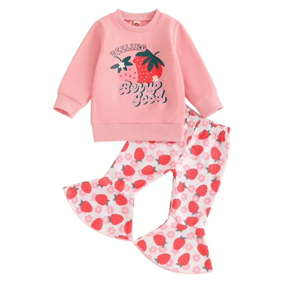 Toddler Baby Girl Fall Outfits 0 6 12 18 24 Motnhs 2T 3T Letter Strawberry Print Round Neck Long Sleeve Sweatshirts Flare Pants 2Pcs Clothes Set