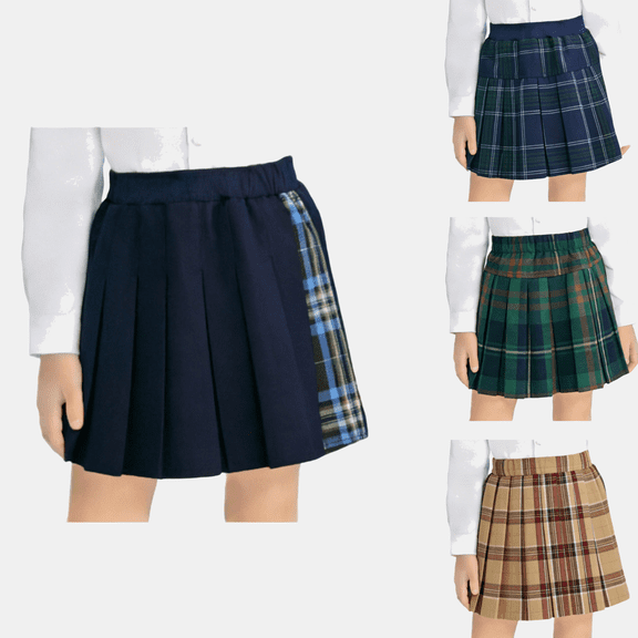 hoksml Girls' Plaid Pleated Uniform Skirt, Elastic Waist A-Line Mini Skirt with Side Plaid Trim for School Wear