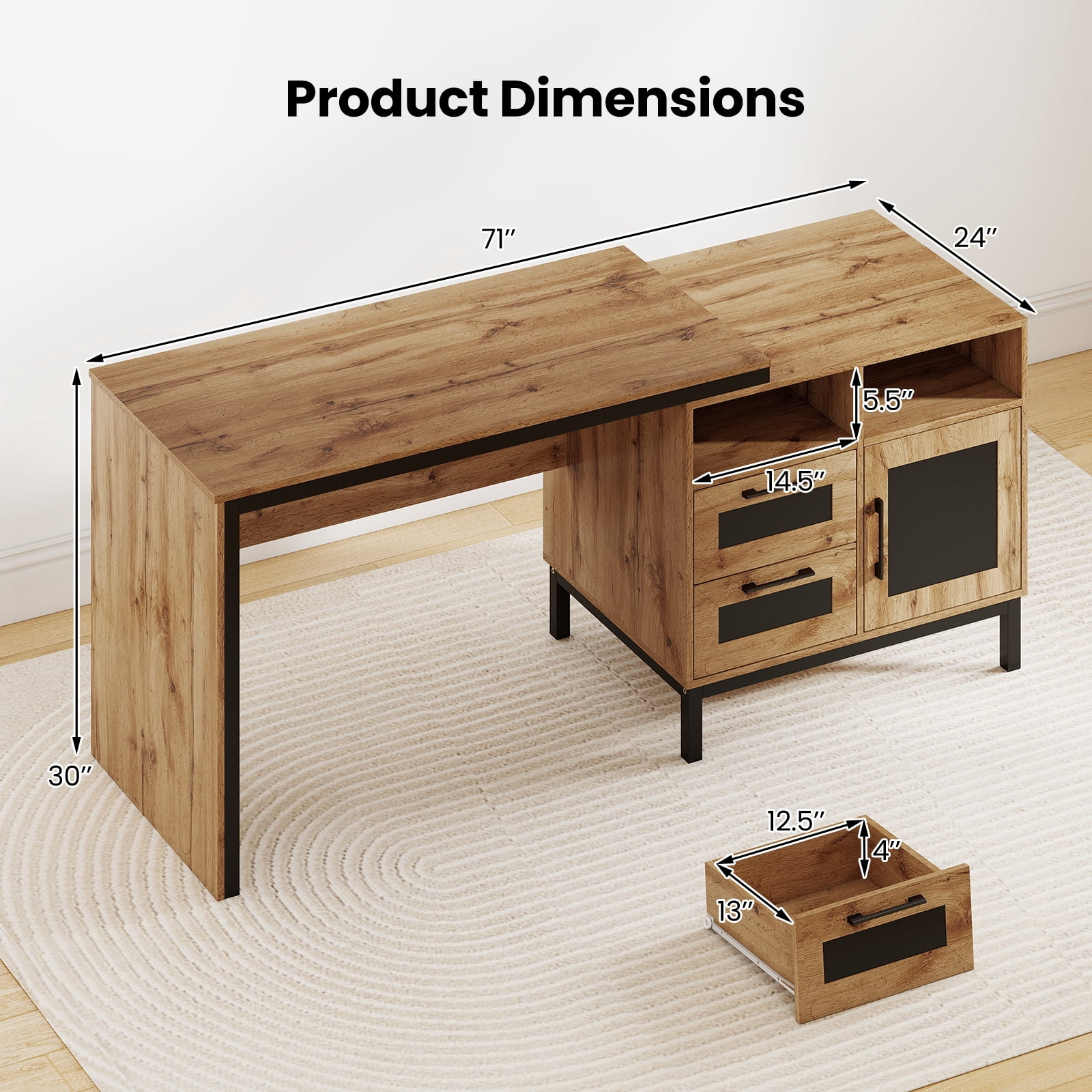 Costway 71” Executive Desk with Open Compartments, Storage Drawers & Single-Door Cabinet Natural