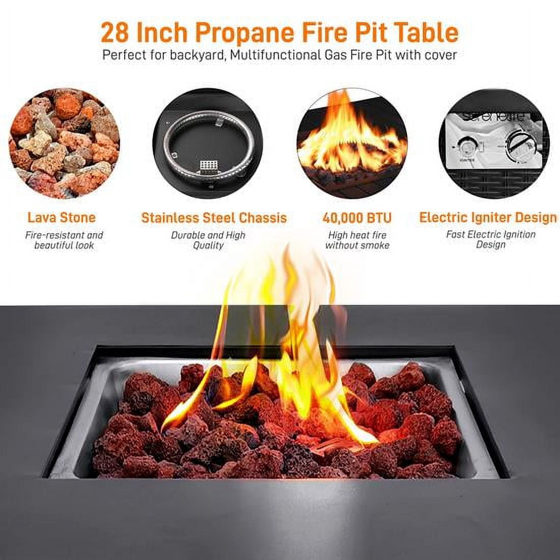 Serene Life Outdoor Propane Fire Pit Table - CSA Approved Safe 40,000 BTU Pulse Ignition Propane Gas Fire Table - 28 inches - Steel Tabletop, Steel Panel