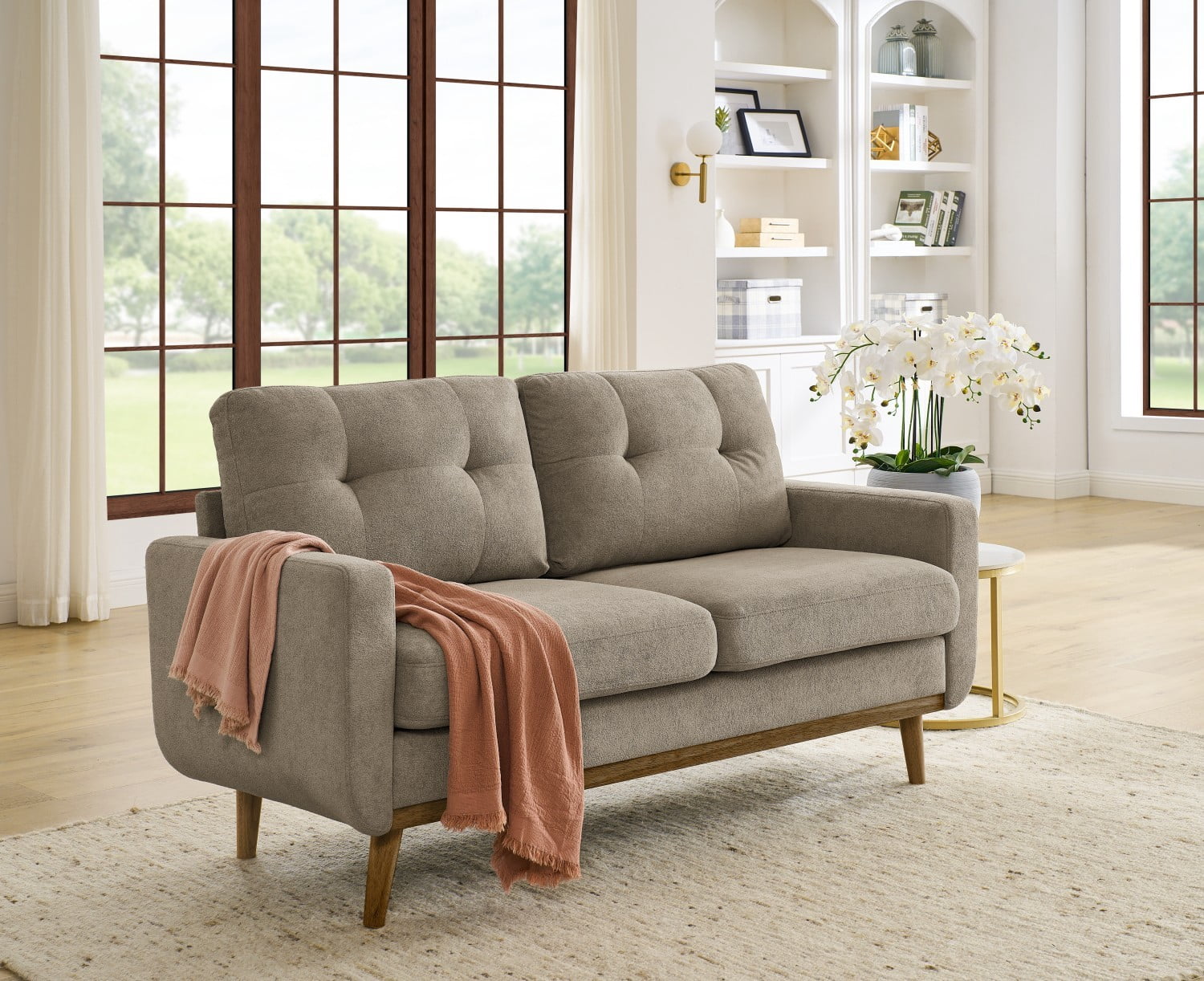 67.7" Mid-Century Modern Tufted Loveseat Sofa Upholstered 2 Seater Couch with Wooden Legs, Retro Contemporary Sofa for Living Room Lounge, Camel