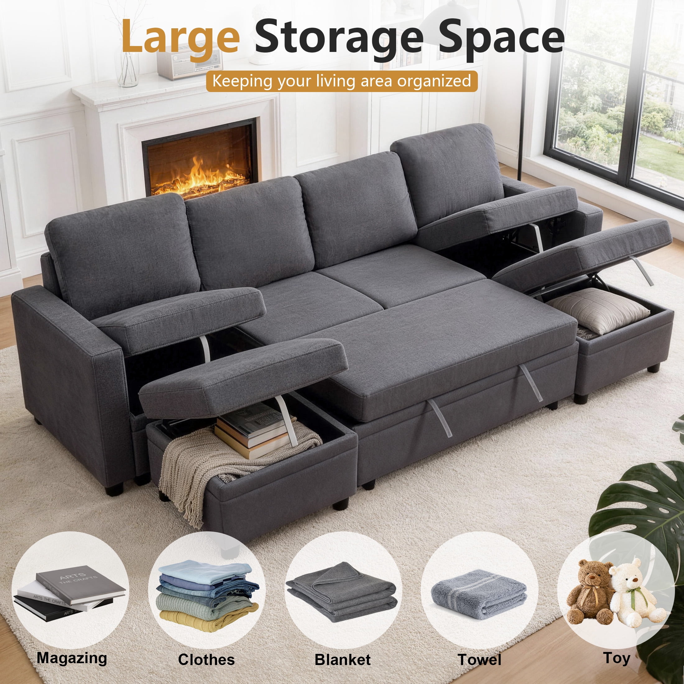 AENKYO 102" U-Shaped Sectional Sofa Bed, Linen Pull Out Sleeper Couch with Storage Seats for Living Room，Dark Gray