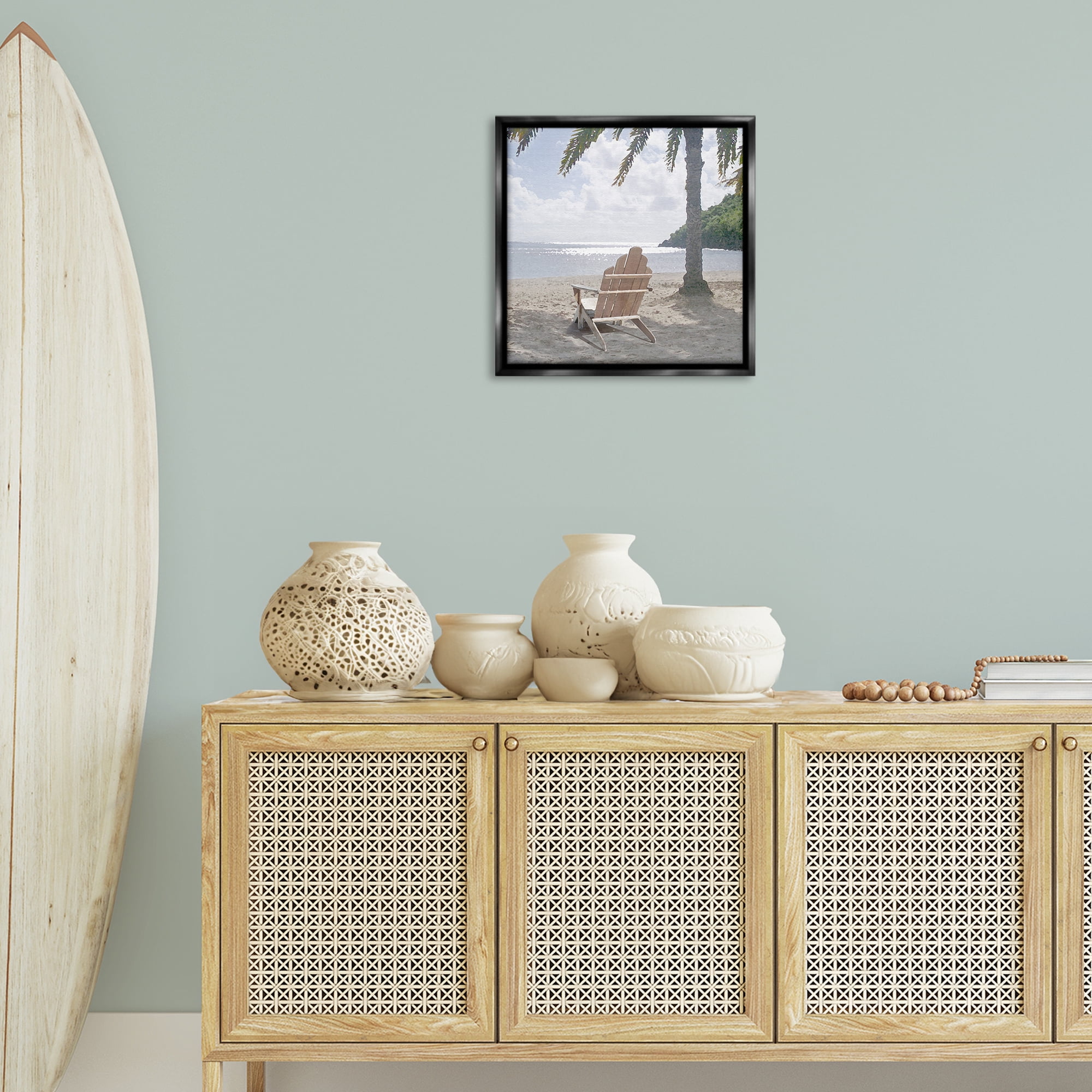 Stupell Industries Chair Under Palm Tree Coastal Photography Black Floater Framed Canvas Art Print Wall Art, 18 x 18