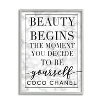 Stupell Industries Beauty Begins Once You Decide To Be Yourself White Marble Typography Graphic Art Gray Framed Art Print Wall Art, 16x20, by Daphne Polselli