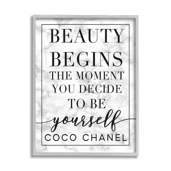Stupell Industries Beauty Begins Once You Decide To Be Yourself White Marble Typography Graphic Art Gray Framed Art Print Wall Art, 16x20, by Daphne Polselli