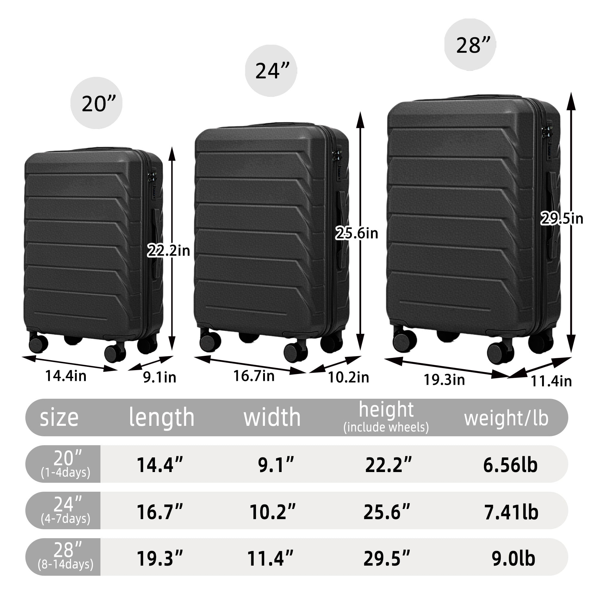 PAPROOS 3 Piece Luggage Set, ABS Carry-on Luggage Set with Spinner Wheels and TSA Lock, Lightweight Hardside Luggage, 20/24/28 Inch Rolling Suitcase Set for Travel Business Trip, Black