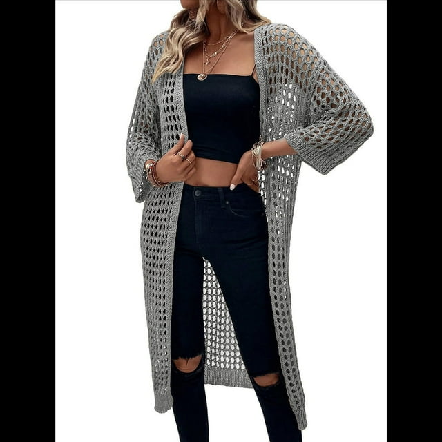Cárdigan de Punto con Mangas 3/4 Abiertas y Aberturas para Mujer, Suéter , Gris, Talla XL