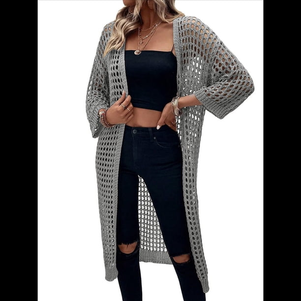 Cárdigan de Punto Abierto con Mangas 3/4 Caladas para Mujer, Suéter , Gris, Talla M