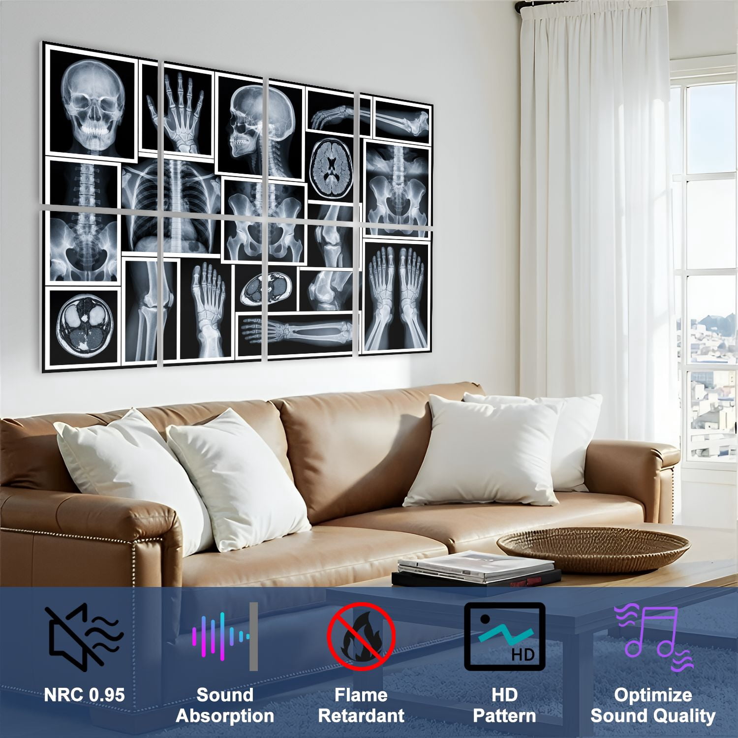 Medical 8 Pack Art Acoustic Panels Sound Absorbing Collection Human X Ray Anatomy Showing Skull Hands Spine Chest Black Decorative Soundproof Wall Panels Self Adhesive for Classroom Hospital 48"x32"