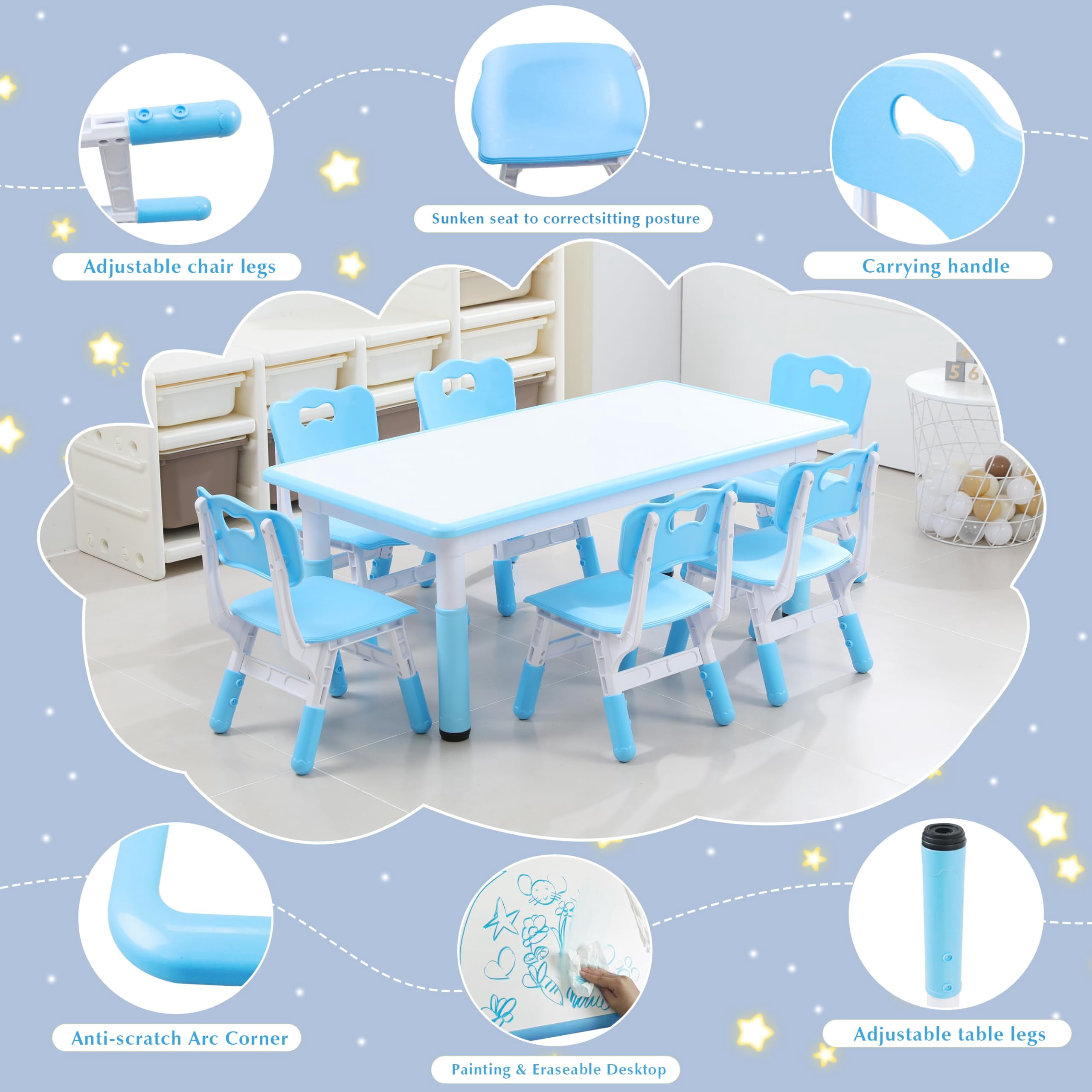 Bibana Kids Table and 6 Chairs Set with Graffiti Desktop, Toddler Furniture Set, Non-Slip, Table Children Study Desk, Dining Table, Height Adjustable Desk, Painting Desktop for Kids