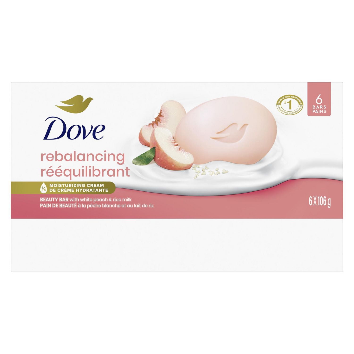 Dove Pain de Beauté Nettoyant Doux hydrate pour aider à rééquilibrer la peau Pêche et Lait de Riz avec 1/4 de crème hydratante,