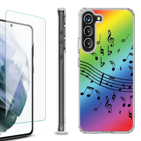 Shockproof Bumper Phone Case for Samsung Galaxy S23 5G, with Tempered Glass Screen Protector, by OneToughShield ® - Music Notes / Rainbow