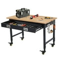 thumbnail image 1 of BeesClover 48x24 Inch Garage Workbench with Drawer, Rubberwood Top Work Benches with Wheels & Power Outlet, Adjustable Height Work Table, 1 of 7