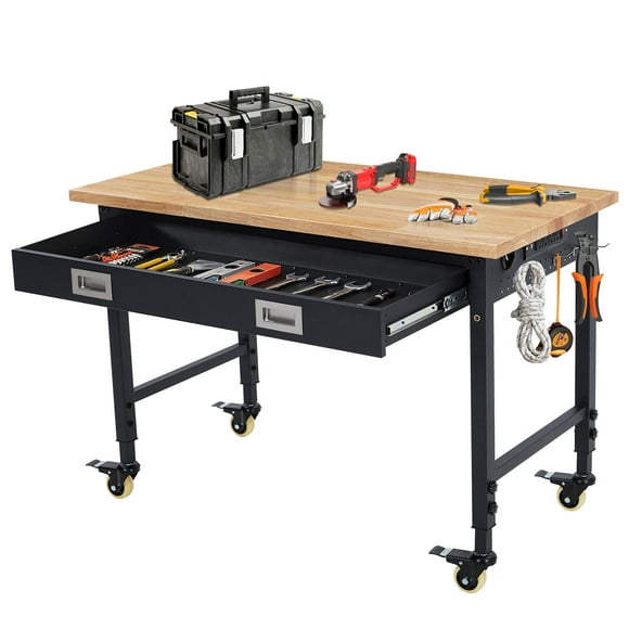 QinaQin Garage Workbench with Drawers, 48x24 Inch Height-Adjustable Rubberwood Workbench with Wheels and Integrated Power Outlet