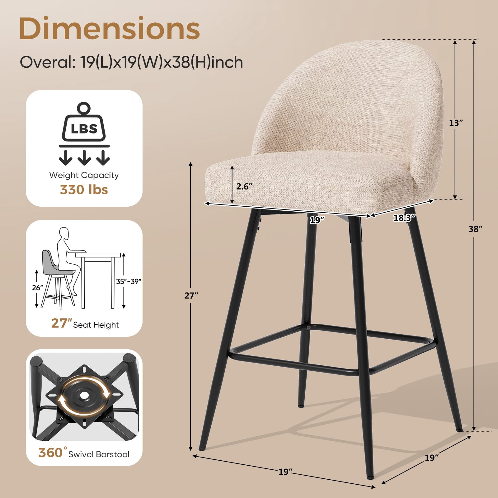JULY'S SONG Counter Height Bar Stools with Back Sets of 2, 360°Swivel Upholstered Barstools with Metal Legs, 27" Seat Height Bar Stool for Kitchen Island, Light Flax