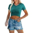 thumbnail image 2 of TODOZO Crop Tops for Women Trendy Summer Crew Neck Slim Fitted Summer Tops for Women 2025 Umbilical Top with and Pleated Round Neck T Shirt for Women Green Xs, 2 of 9
