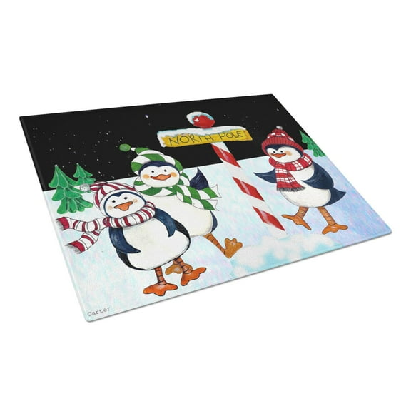 Caroline's Treasures North Pole Welcomes You Penguins Glass Cutting Board Large