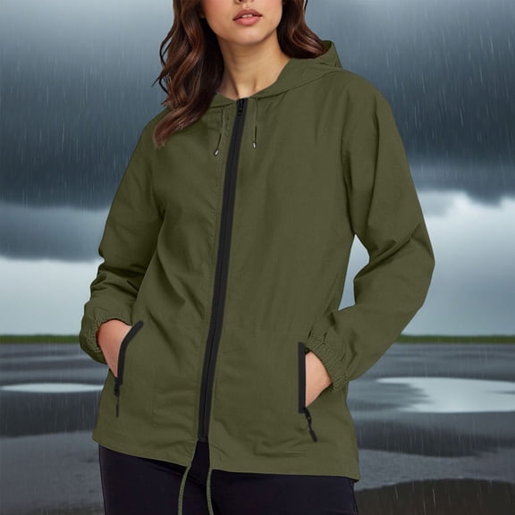 WIZUTIZ Women's Waterproof Rain Jacket Zip Up Hooded Lightweight Packable Long Sleeve Outdoor Windbreaker Raincoat with Pockets Coat Layer Top