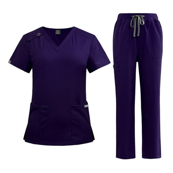 Womens Scrub Sets Comfortable V-Neck Scrub Top and Drawstring Jogger Pants Quick Dry Nursing Scrubs Set Stretch Medical Working Uniforms with Multi Pocket for Nurse Esthetician Dark Purple L