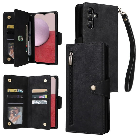 Samsung Galaxy A14 5G Wallet Case for Women Men, Durable PU Leather Cover Strap Wristlet Zipper Card Holder Flip Case with Magnetic Closure, Black