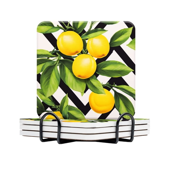 BaHomeck Drink Coasters Set Of 4 With Holder Lemon Yellow Limon Fruits Picture Water Absorbent Ceramic Coasters Tabletop Protection,Suitable For Various Cup,Home Decor