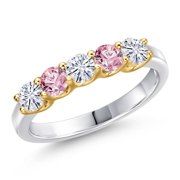 Gem Stone King 925 Silver and 10K Yellow Gold White Moissanite and Pink Lab Grown Diamond Wedding-Bands Ring for Women | 0.84 Cttw | Round 3.5MM | Gemstone Birthstone | Size 5