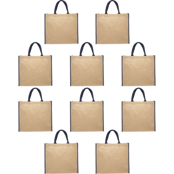 Fresno Eco Friendly Jute Tote Bags Set of 10, Bulk Pack - Reusable, Great for Tradeshows, Grocery, Shopping and Outdoor Events - Blue
