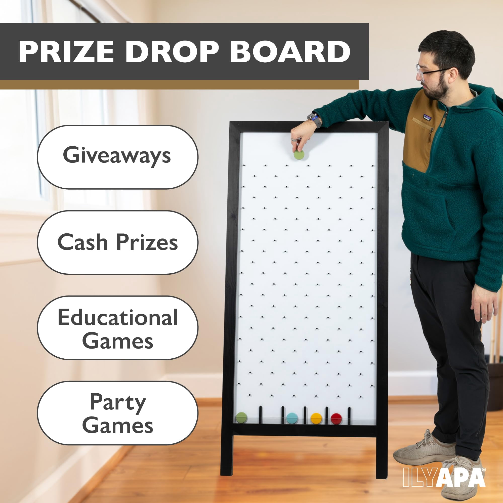 Ilyapa Extra Large Prize Drop Board Game - 28x57 Inch - Portable Game, Includes 20 Coin Discs, Double Sided Wooden A-Frame Whiteboard Sign, Eraser