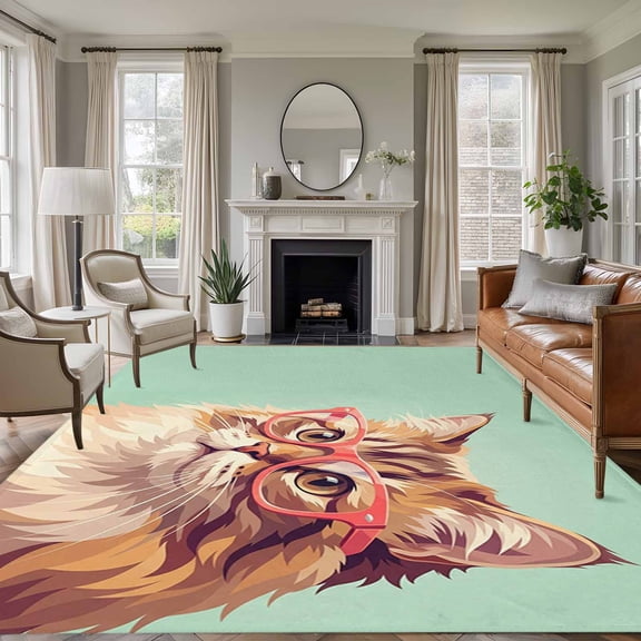 Green Cat Area Rugs 5'x7', Washable Small Throw Rugs for Laundry Room Playroom, Funny Animals Modern Art Indoor Outdoor Rug Non-Slip Low Pile Carpet Runner Reversible Floor Mats