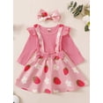 thumbnail image 5 of Aojekbee Baby Girl Fall Outfits Solid Color Long Sleeve Romper Floral/Strawberry Print Suspender Skirt Headband 3Pcs Clothes Set, 5 of 9