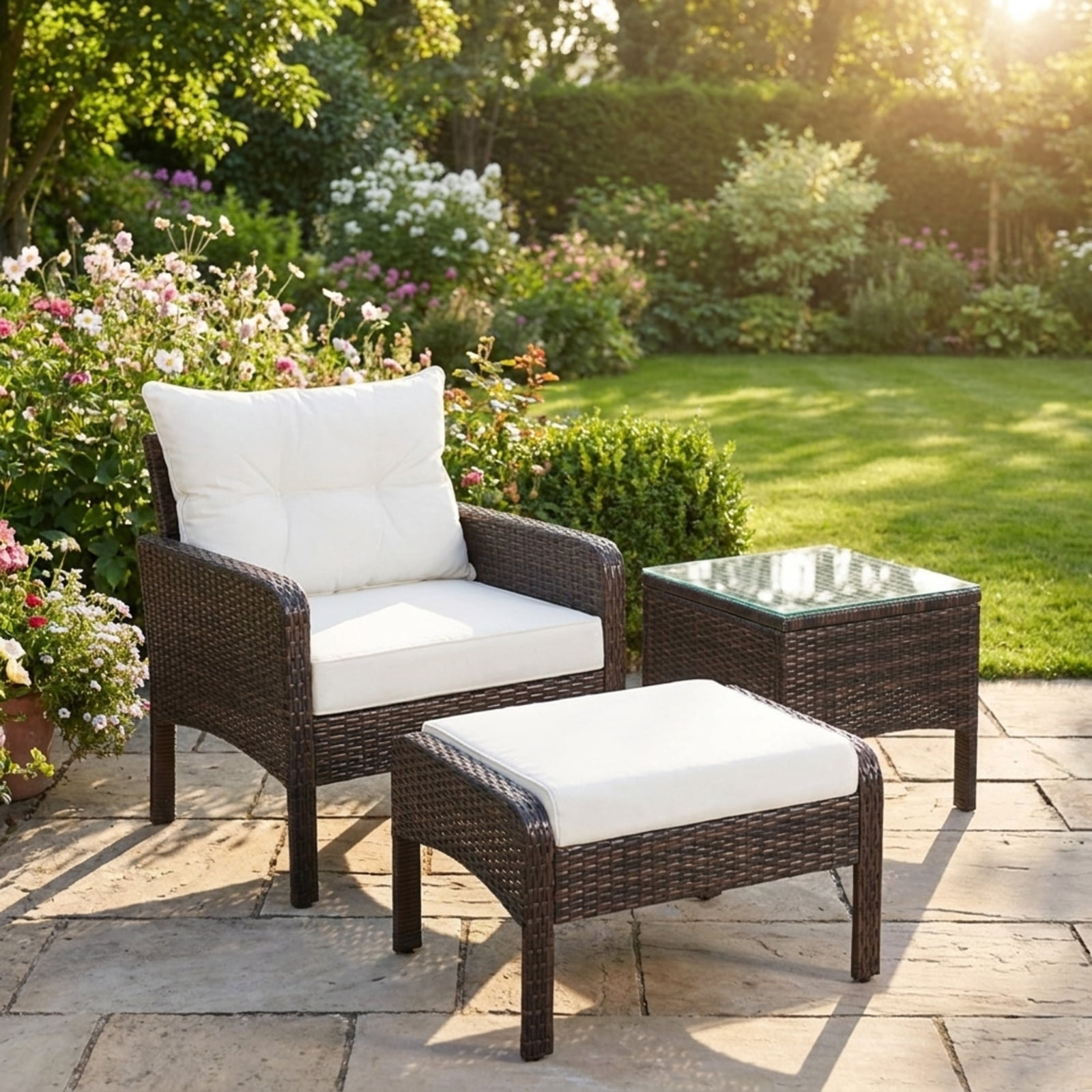Biotree 5 Piece Patio Rattan Sofa Ottoman Set outdoor conversation set with cushions and glass side table for garden backyard and porch, Red