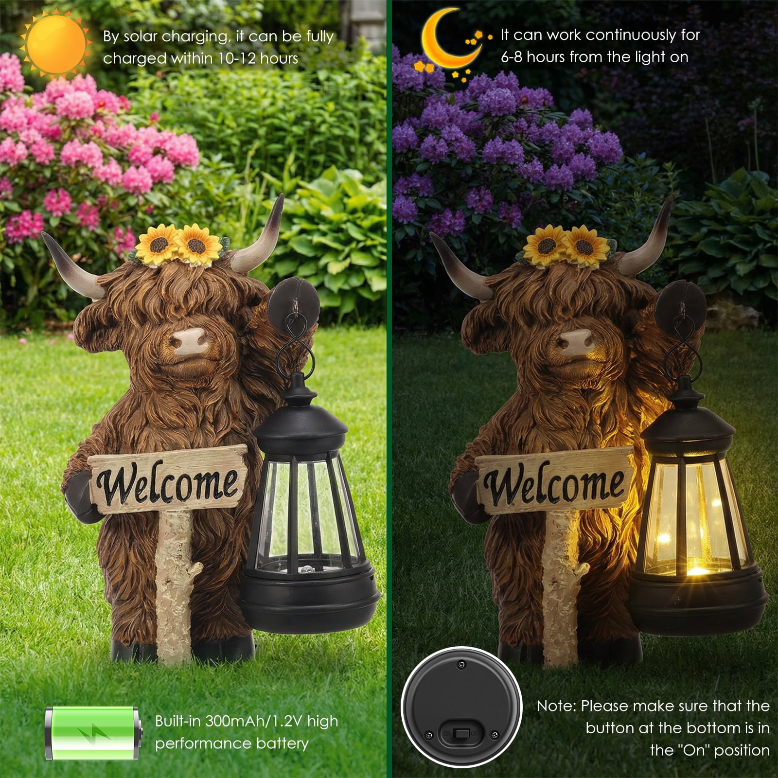 Threns Solar Highland Cow Garden Outdoor Statue,Highland Cow Figurines Sculpture with Light,Patio Balcony Yard for Pasture,Farm Theme Housewarming Gifts for Women Mom