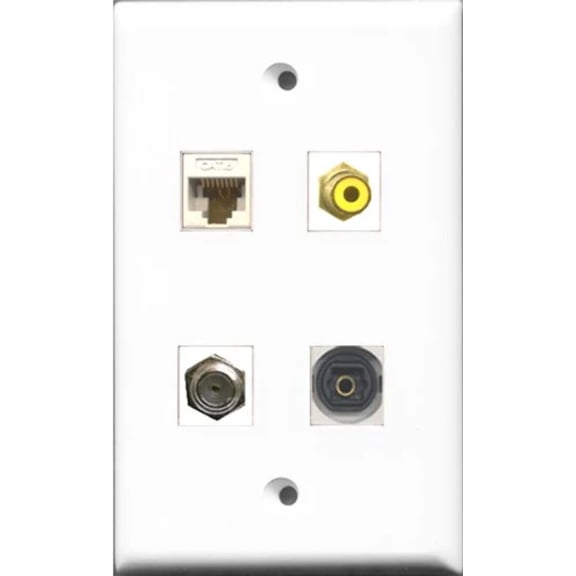 RiteAV 1 Port RCA Yellow and 1 Port Coax Cable TV- F-Type and 1 Port Toslink and 1 Port Cat6 Ethernet White Wall Plate