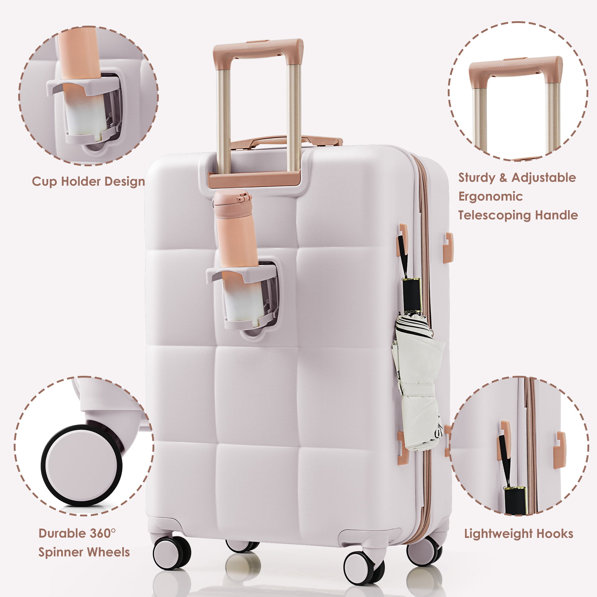 Aukfa Luggage Set, 3 Piece Expandable Hardshell Suitcase with USB Port and Cup Holders, Spinner Wheels, Ivory
