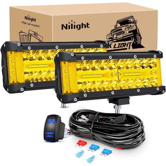 Nilight Side Shooter LED Light Bar 2PCS 7 Inch Triple Row Spot Flood Combo Yellow Beam Pods with 5Pin Rocker Switch Wiring Harness Kit for Off Road Lighting on Truck SUV ATV UTV