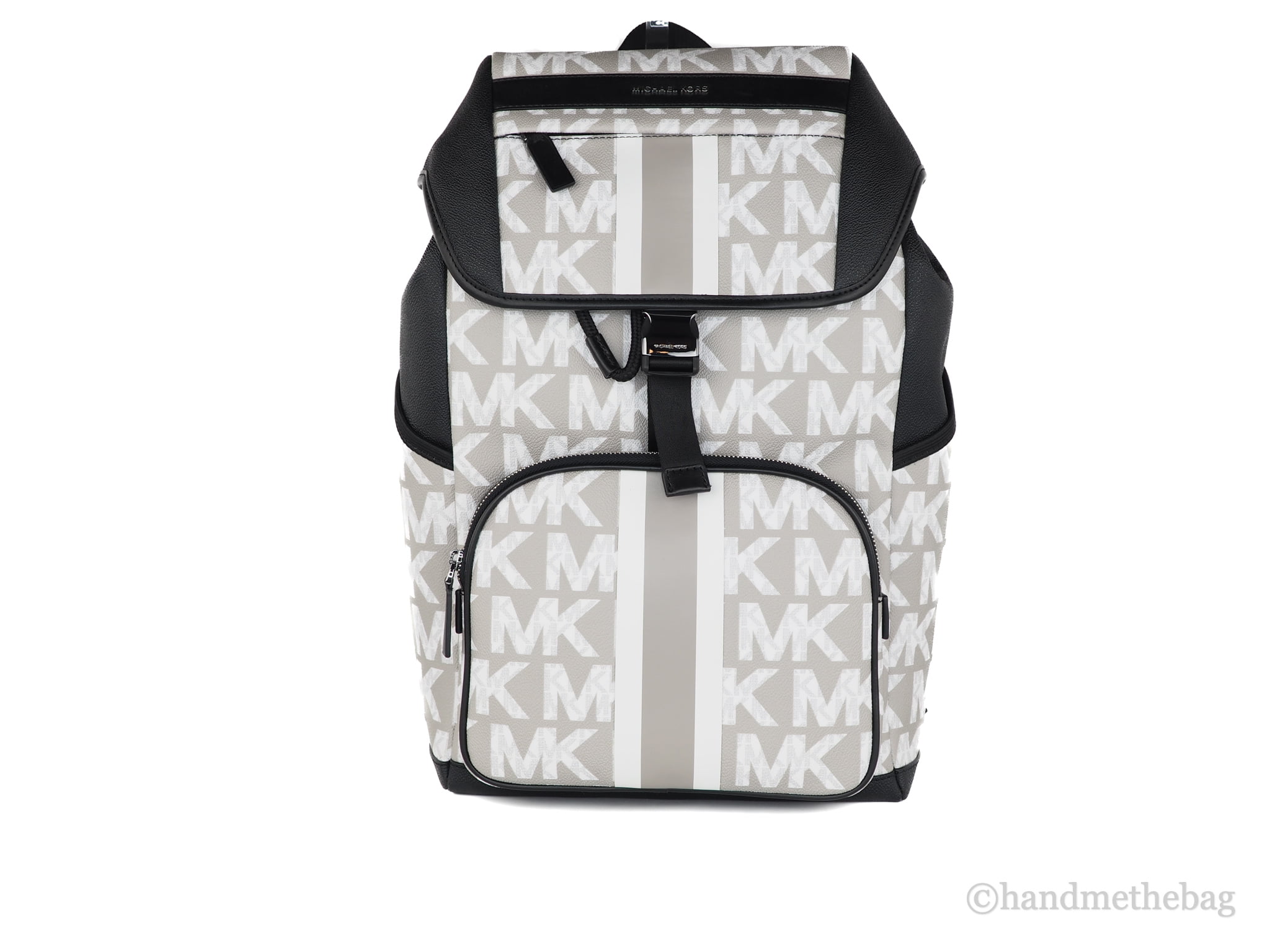 Michael Kors Cooper Large Grey White Graphic Logo Striped Sport Flap  Backpack